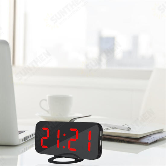 Digital LED Mirror Large Display Alarm Clock Snooze Function Dual USB Charger