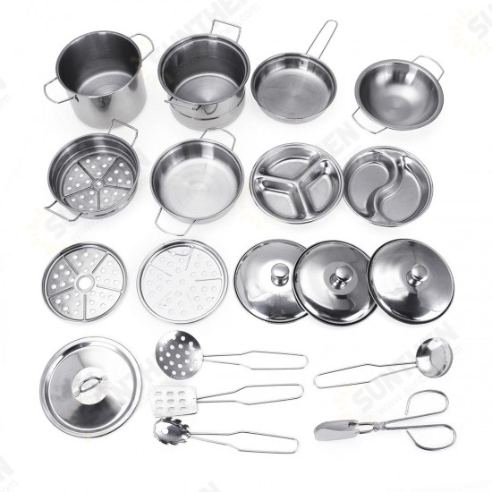 32PCS Mini Stainless Steel Kitchen Cutlery Play House Food Toy Boiler Kettle Cup Bowl Spoon Cookware