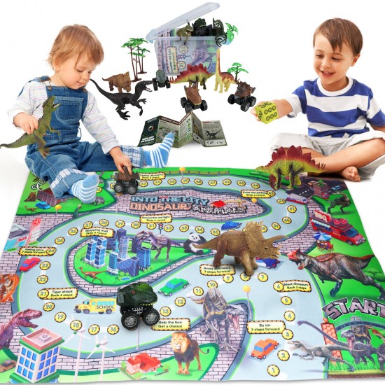 Dinosaur Toys Dinosaur Figures with Activity World Play Mat & Trees, Educational Realistic Dinosaur Playset to Create a Dino World Including Triceratops, Velociraptor