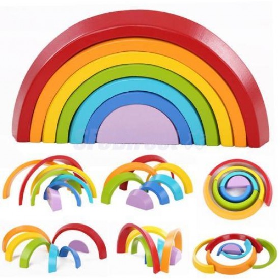 Wooden Rainbow Toys 7Pcs Rainbow Stacker Educational Learning Toy Puzzles Colorful Building Blocks for Kids Baby Toddlers