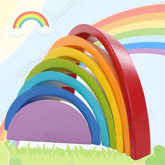 Wooden Rainbow Toys 7Pcs Rainbow Stacker Educational Learning Toy Puzzles Colorful Building Blocks for Kids Baby Toddlers