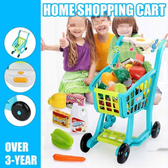 Plastic Kids' Supermarket Shopping Cart Set with Accessories (Fruits & Vegetables & Snack Boxes) for Children Toys