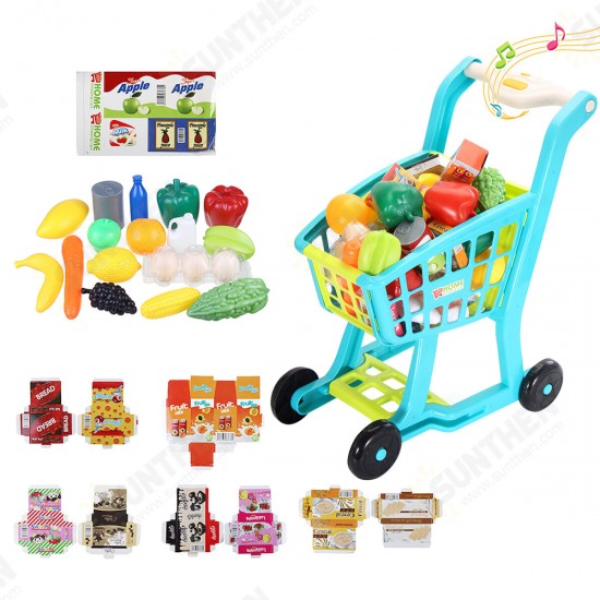 Plastic Kids' Supermarket Shopping Cart Set with Accessories (Fruits & Vegetables & Snack Boxes) for Children Toys