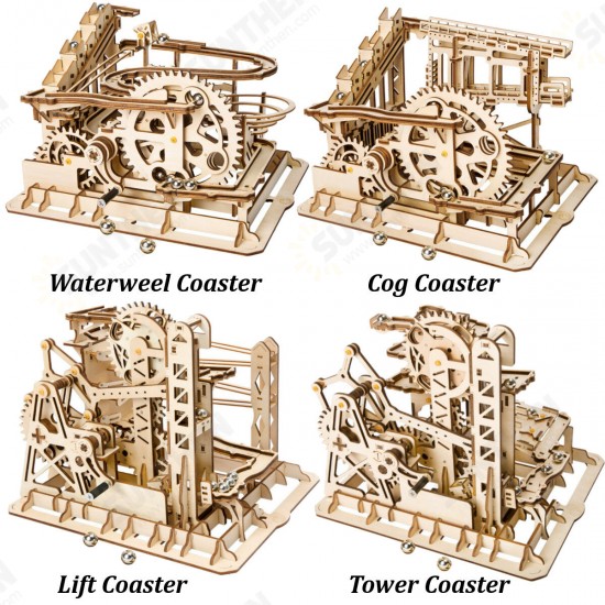 4 Kinds Hand Crank Marble Run Game DIY Coaster Wooden Model Building Kits Assembly Toy Gift for Children Adult