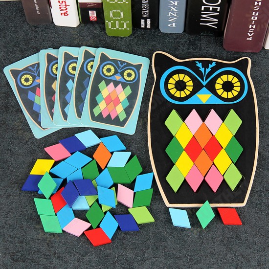 Wood DIY Assembly Jigsaw Puzzle Toy Colors Shapes Cartoon Fish Owl Matching Cards Toy for Children Learning