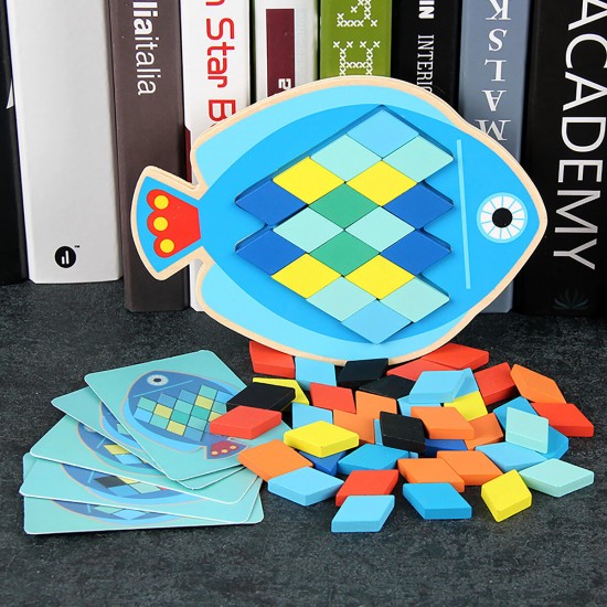 Wood DIY Assembly Jigsaw Puzzle Toy Colors Shapes Cartoon Fish Owl Matching Cards Toy for Children Learning