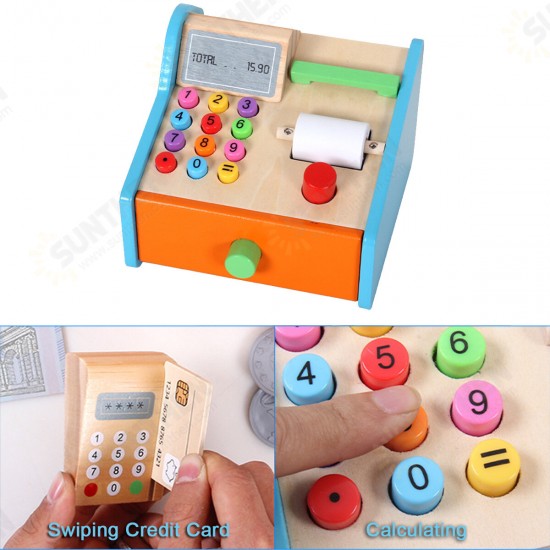 Wooden Cash Register Shop Grocery Checkout Play Game Learn Education Toys for Kids Perfect Gift