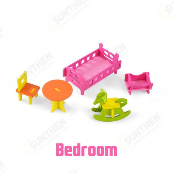 Wooden Colorful DIY Assembly Doll House Furniture Kit Early Educational Learning Toys for Kids Gift