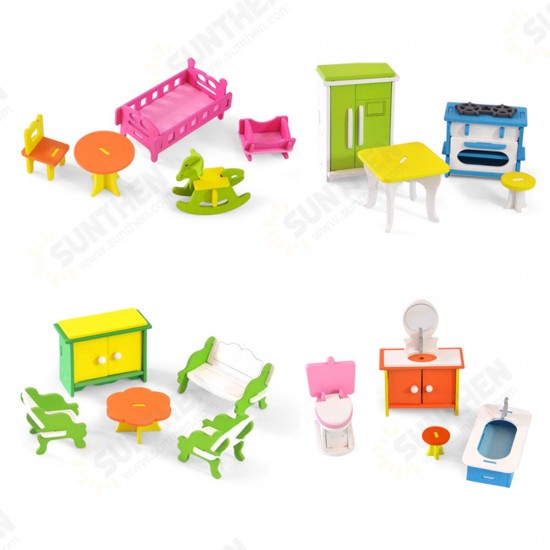 Wooden Colorful DIY Assembly Doll House Furniture Kit Early Educational Learning Toys for Kids Gift