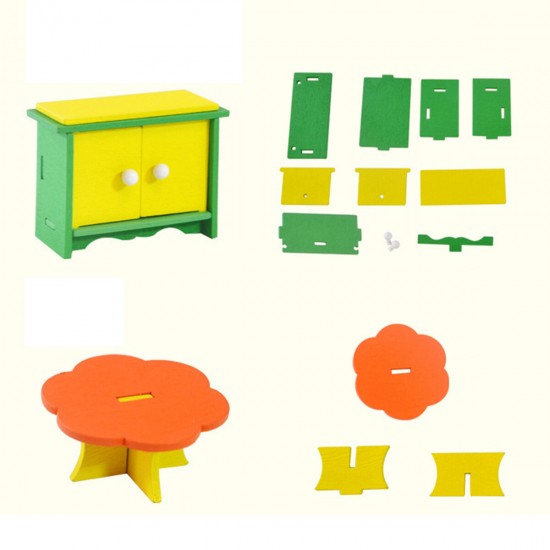 Wooden Colorful DIY Assembly Doll House Furniture Kit Early Educational Learning Toys for Kids Gift