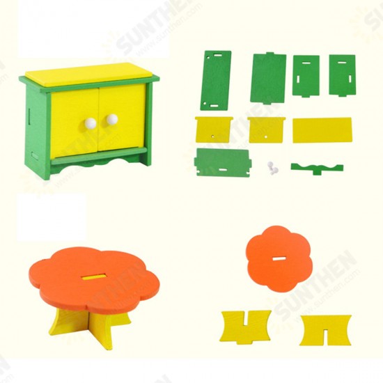 Wooden Colorful DIY Assembly Doll House Furniture Kit Early Educational Learning Toys for Kids Gift