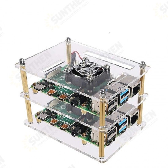 1-10 Layers Transparent Acrylic Case Box + Cooling Fan with Metal Cover for Raspberry Pi 4 /3 Model B+/3B