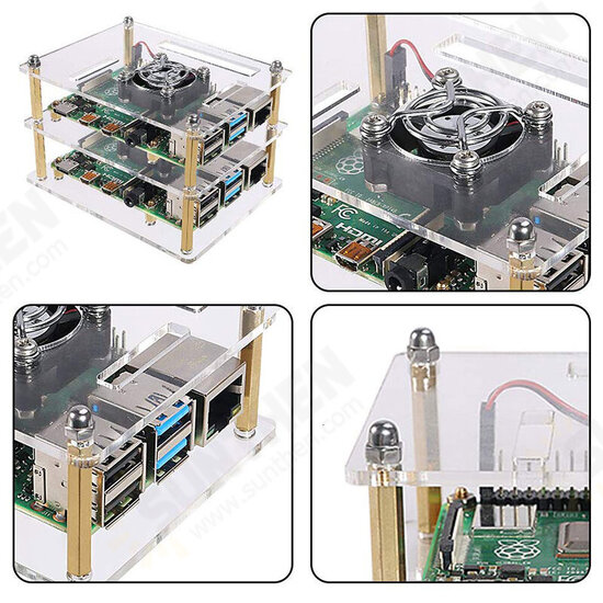 1-10 Layers Transparent Acrylic Case Box + Cooling Fan with Metal Cover for Raspberry Pi 4 /3 Model B+/3B