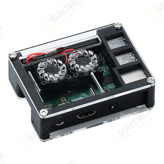 Black Acrylic Case Support Dual Cooling Fans For Raspberry Pi 3B+ Board