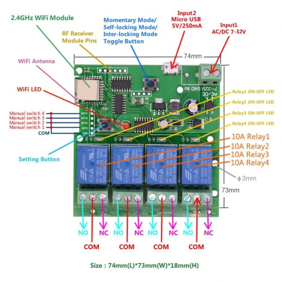 ST-DC4 WiFi 4-way Relay Module Inching Momentary/Self-Locking/Interlock Switch Module Works with Amazon Alexa