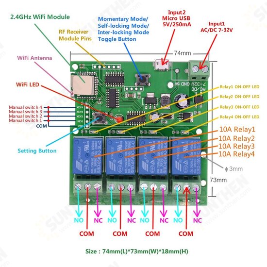 ST-DC4 WiFi 4-way Relay Module Inching Momentary/Self-Locking/Interlock Switch Module Works with Amazon Alexa