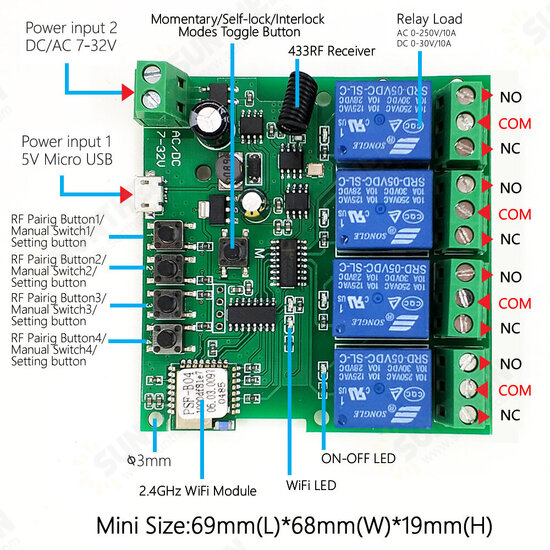 ST-DC4 WiFi 4-way Relay Module Inching Momentary/Self-Locking/Interlock Switch Module Works with Amazon Alexa