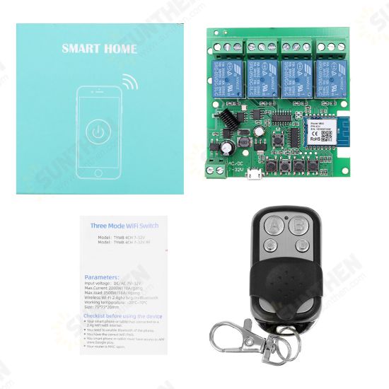 Tuya 433RF WiFi 4-way Relay Module Momentary/Self-lock/Interlock Switch Module with Remote Control