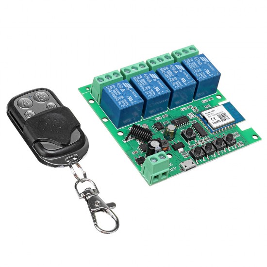 Tuya 433RF WiFi 4-way Relay Module Momentary/Self-lock/Interlock Switch Module with Remote Control