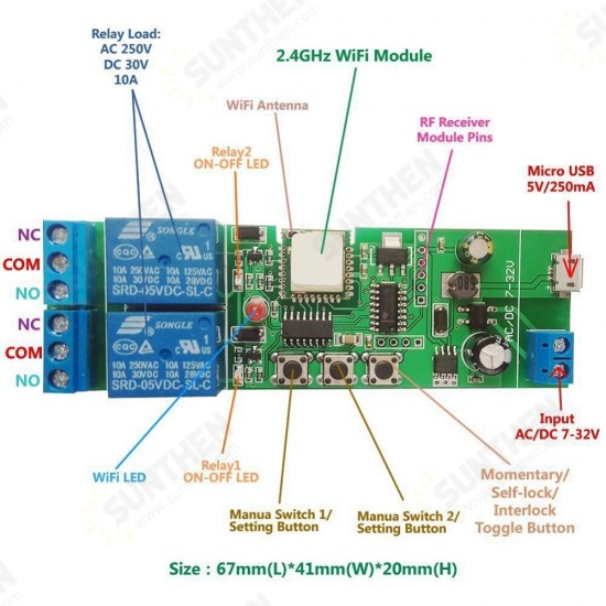 WiFi 2-way Relay Module Self-Locking/Interlock Switch Module Works with Amazon Alexa Google Home