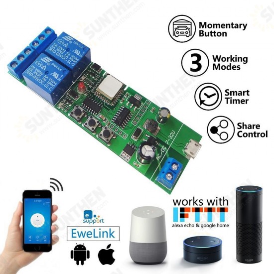 WiFi 2-way Relay Module Self-Locking/Interlock Switch Module Works with Amazon Alexa Google Home