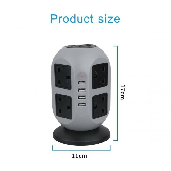 3M Extension Lead Cable Surge Protected Tower Power Socket with 8Way 4 USB