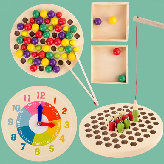 3 in 1 Wooden Kids Educational Toys Matching Pairs Clip Beads Fishing Clock Gift