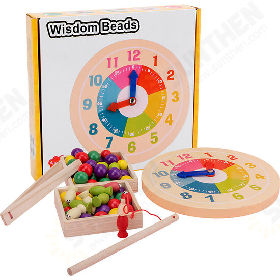 3 in 1 Wooden Kids Educational Toys Matching Pairs Clip Beads Fishing Clock Gift