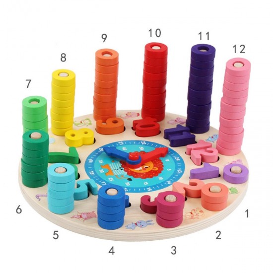 Wooden Baby Kids Rainbow Circle Number Alarm Clock Educational Teaching Toys