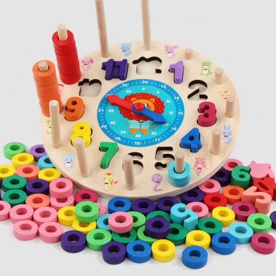 Wooden Baby Kids Rainbow Circle Number Alarm Clock Educational Teaching Toys