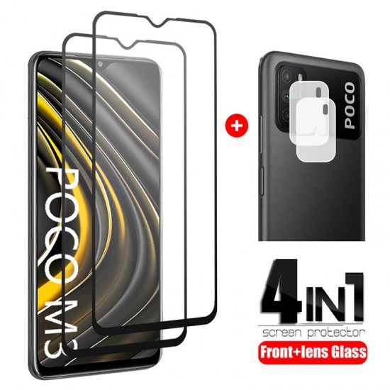 For POCO M3 Accessories 2Pcs Full Glue Anti-Explosion Tempered Glass Screen Protector + 2Pcs HD Clear Anti-Scratch Lens Protector