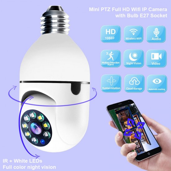 E27 2MP Mini PTZ Full HD Wifi IP Camera with E27 Bulb Socket Night Vision Cloud Storage Speed Dome Security Serveillence for Smart Home Monitoring