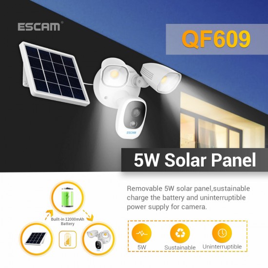 QF609 Solar Powered Floodlight 1080P Wireless Battery 1000LM Floodlight Cloud Storage Camera With 12000mAh Rechargeable Batteries Color Night Vision