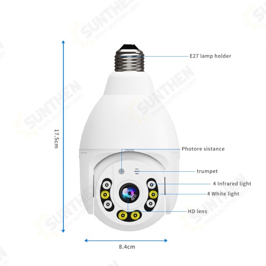 V380 8 LED WIFI E27 Bulb Dome Camera PTZ AP Hotspot Dual Light 4 infrared + 4 White Light Night Vision with Base Remote Control