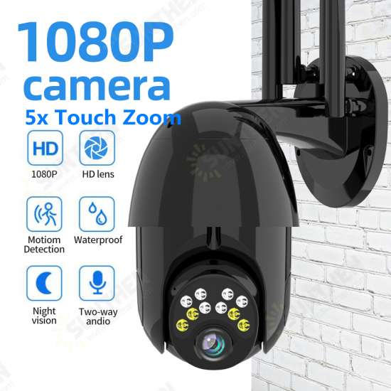 1080P 10LED 5X Zoom HD Outdoor PTZ IP Camera Two Way Audio Voice Alarm Wifi Camera Auto Waterproof Night Vision Surveillance Black