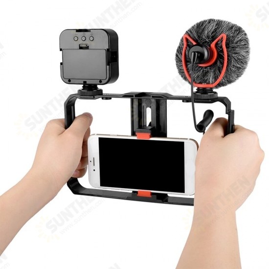 PC201/PC202 Smartphone Frame Video Rig Smartphone Vlogging Cell Phone Movies Mount Stabilizer Fill Light Microphone for iPhone Samsung Huawei OnePlus