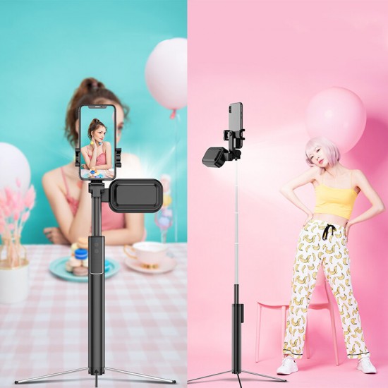 6-in-1 Self-timer Extendable bluetooth Selfie Stick Fill Light Live-broadcasting Cell Phone Holder Built-in Tripod