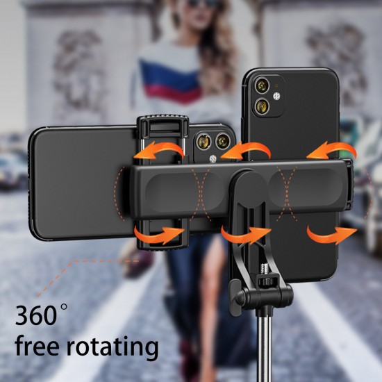 360° Rotating Tripod Stand Selfie Stick bluetooth Control Telescopic Rotatable Dual Holder Chip Portable Tripod for Camera Phone Tablet