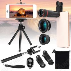 Portable 8X 12X Telephoto Phone Lens Kit Wide Angle Macro Fish Eye Lens with Selfie Stick Monopod Portable 8X 12X Telephoto Phone Lens Kit Wide Angle Macro Fish Eye Lens with Selfie Stick Monopod