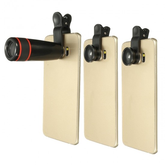 Portable 8X 12X Telephoto Phone Lens Kit Wide Angle Macro Fish Eye Lens with Selfie Stick Monopod
