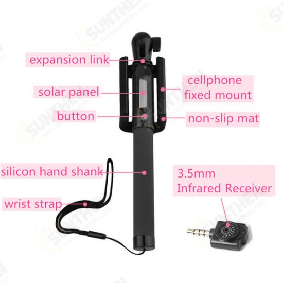 Solar Power Infrared Remote Handheld Selfie Stick Monopod For Cell Phone