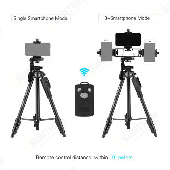 VCT-6808 Multi-functional Selfie Sticks Tripod with 3 Phone Holders 4-Section Telescoping Tripod Ball Head Remote Controller