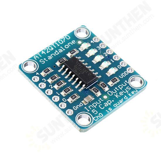 AT42QT1070 5-Pad 5 Key Capacitive Touch Screen Sensor Module Board DC 1.8 to 5.5V Power For Standalone Mode AT42QT1070 5-Pad 5 Key Capacitive Touch Screen Sensor Module Board DC 1.8 to 5.5V Power For Standalone Mode