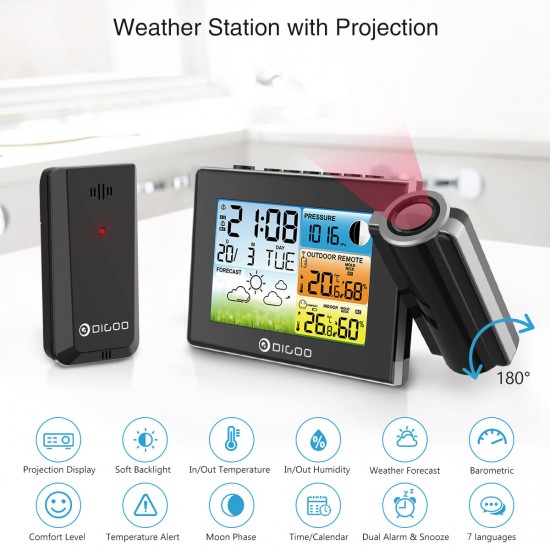 Weather Station with Projection Clock Digital Table Alarm Clock Time Projector Color Thermometer Hygrometer Forecast Comfort Wireless Sensor