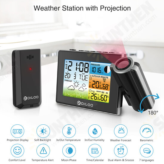 Weather Station with Projection Clock Digital Table Alarm Clock Time Projector Color Thermometer Hygrometer Forecast Comfort Wireless Sensor Weather Station with Projection Clock Digital Table Alarm Clock Time Projector Color Thermometer Hygrometer Forecast Comfort Wireless Sensor