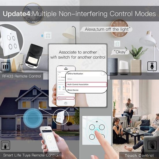 4 Gang WiFi Smart Glass Panel Switch Smart Life/Tuya App Multi-Control Voice Control Works with Alexa Google