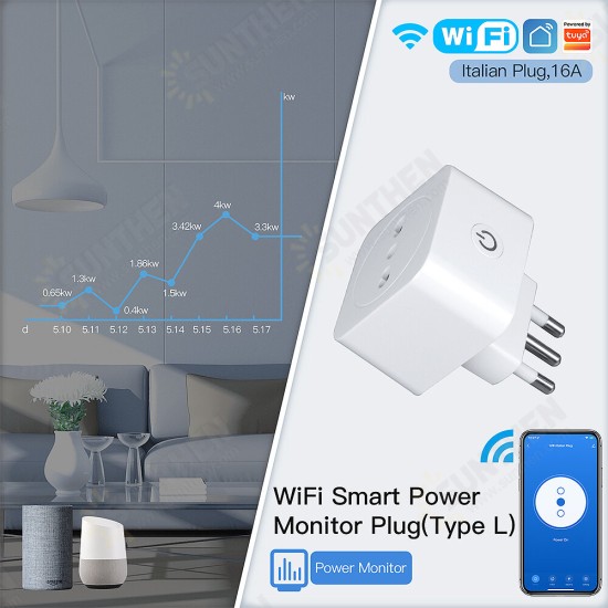 16A Smart WiFi Power Meter Switch Italy Plug Intelligent Energy Controller Remote APP On/Off Control Monitoring Timer Setting Voice Control Device Sharing Energy Saving Socket