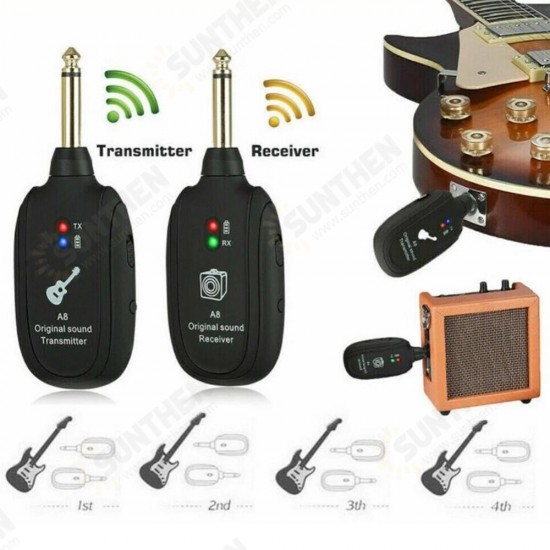 A8 4 Channels Guitar Pickup Wireless System Transmitter Receiver Built-In Rechargeable Lithium Battery + Micro USB Cable