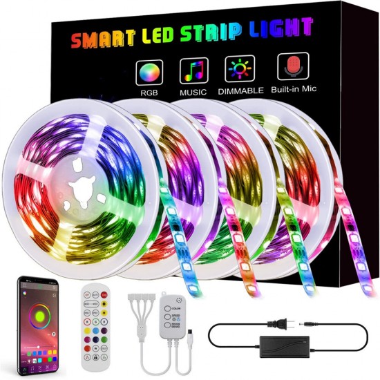65.6FT 10/15/20M 5050 Smart LED Strip Light Non-waterproof RGB Rope Lamp Bluetooth Music Controller+Remote Control Christmas Decor Clearance Lights