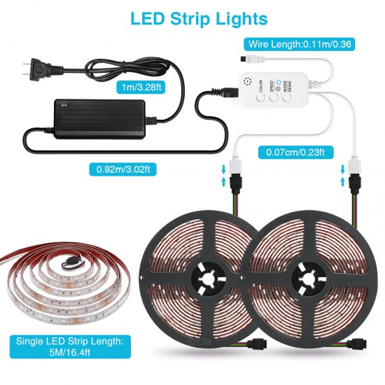 LED Strips Lights 10m RGB 300 5050SMD bluetooth APP Music Speaker IP67 Waterproof Color Changing Rope Lights with Remote Adhesive Full Kit